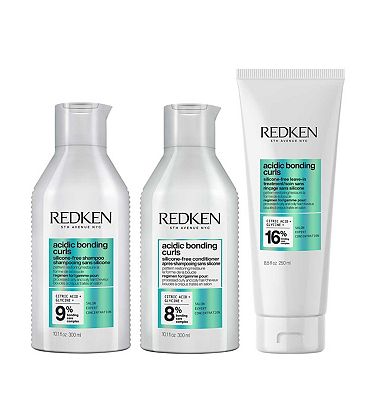 Redken Acidic Bonding Curls Shampoo 300ml, Conditioner 300ml, & Leave-In 250ml Bundle for Damaged Cu