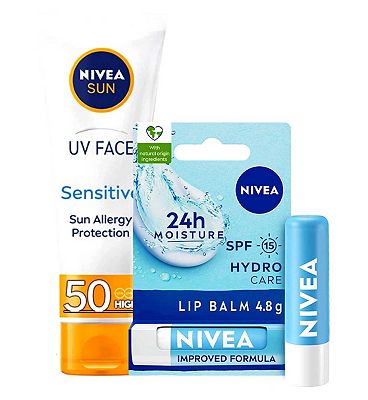 NIVEA SUN UV Face Sensitive & NIVEA Hydro Protect Lip Balm Bundle