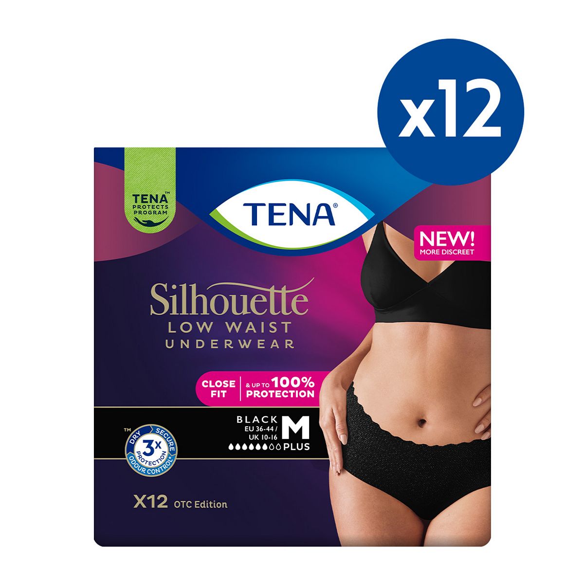 Tena Silhouette Pants Plus Medium Low Waist Black 12S 12 Pack Bundle