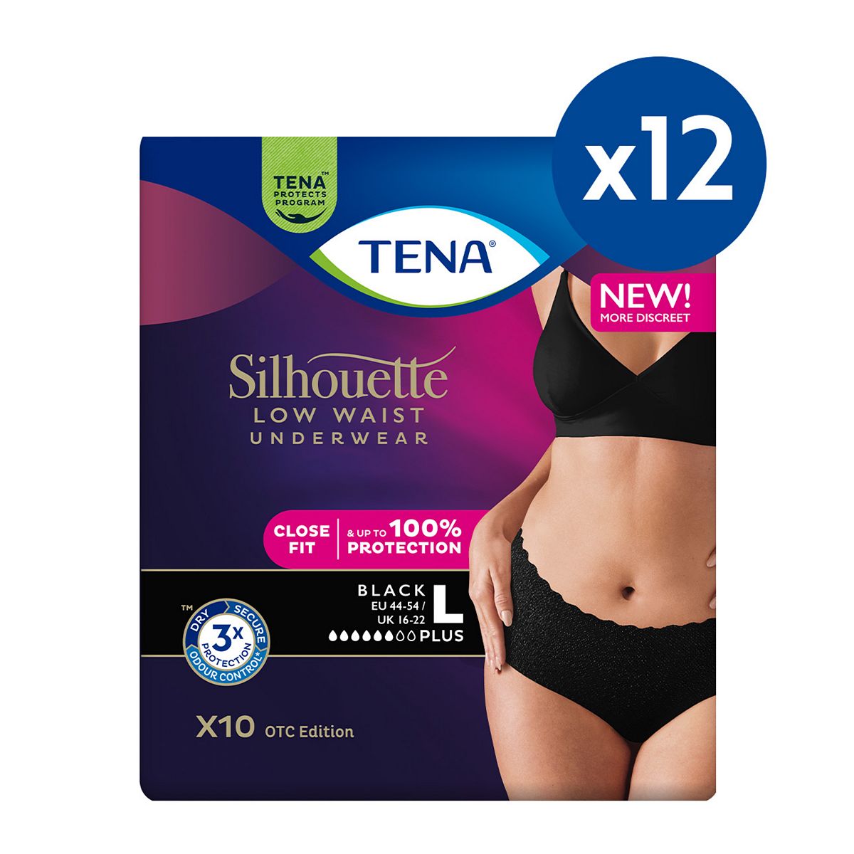 Tena Silhouette Pants Plus Large Low Waist Black 10S 12 Pack Bundle