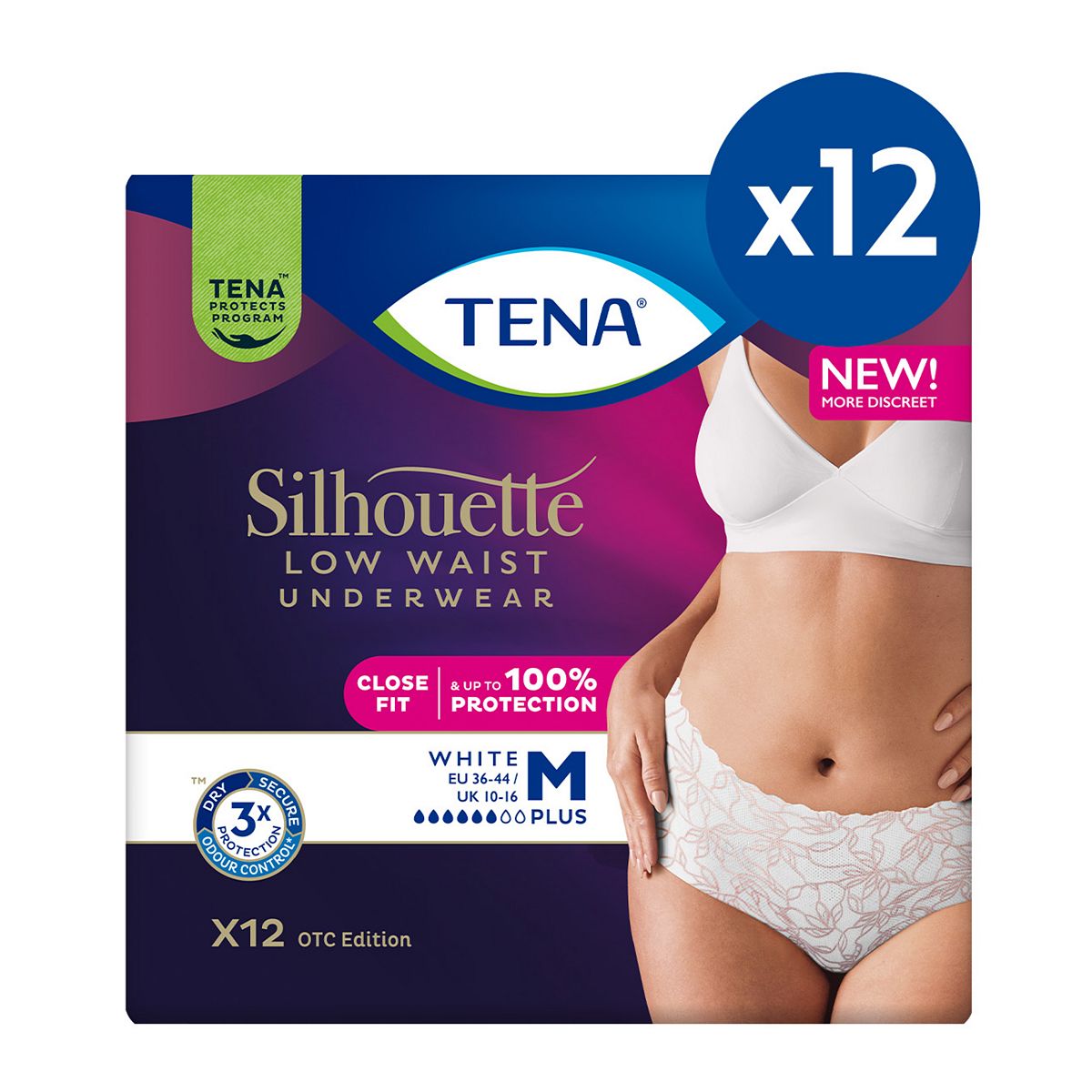 Tena Silhouette Pants Plus Medium Low Waist White 12S 12 Pack Bundle