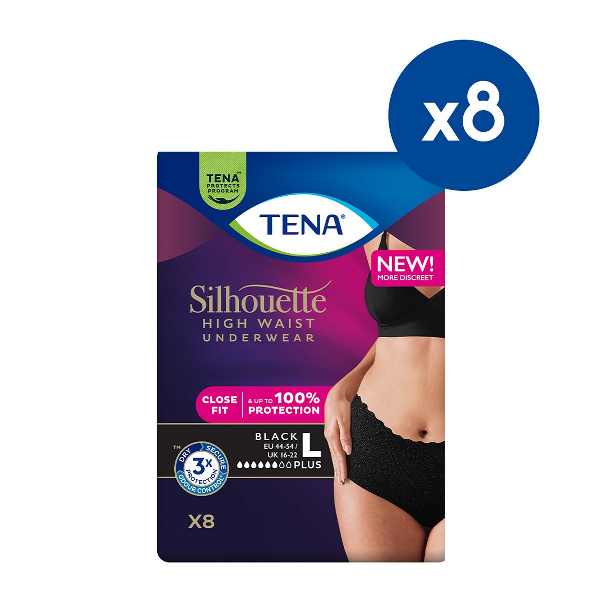 Tena Silhouette Pants Plus Large High Waist Black 8S 8 Pack Bundle