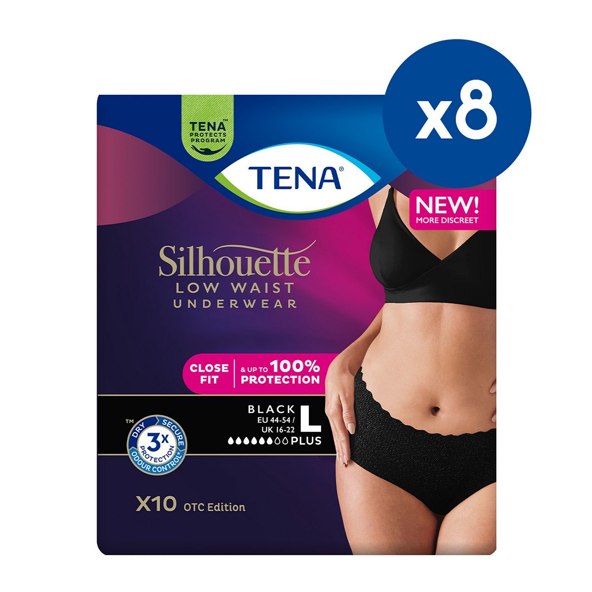 Tena Silhouette Pants Plus Large Low Waist Black 10S 8 Pack Bundle