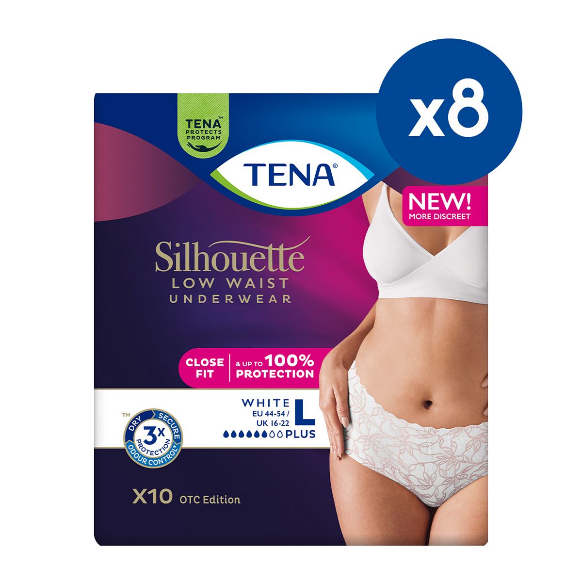 Tena Silhouette Pants Plus Large Low Waist White 10S 8 Pack Bundle