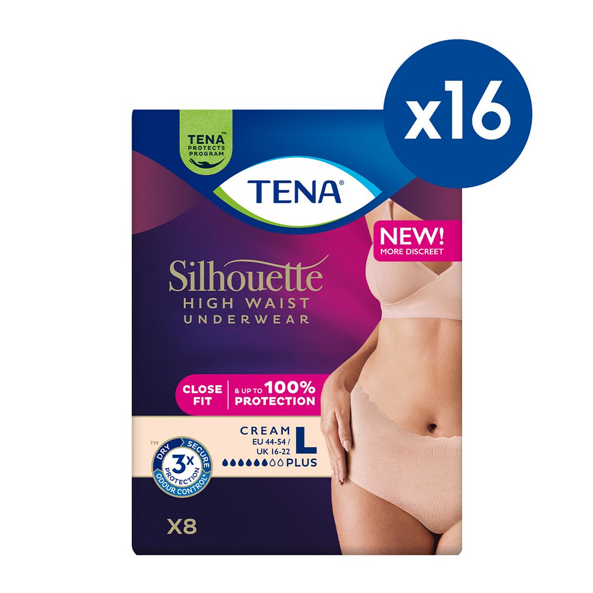 Tena Silhouette Pants Plus Large High Waist Cream 8S 16 Pack Bundle