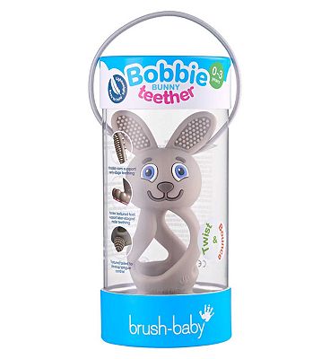 Bobbie Bunny Baby Teether Toy Cappuccino Grey   Twist & Bounce Teething Toy