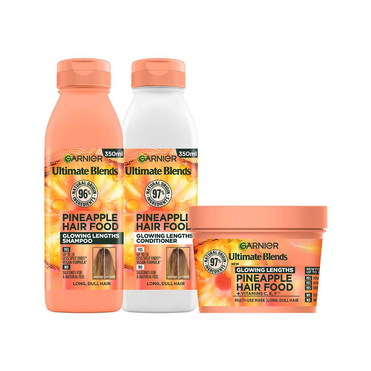 Garnier Ultimate Blends Glowing Lengths Pineapple Shampoo, Conditioner And Hair Mask Bundle