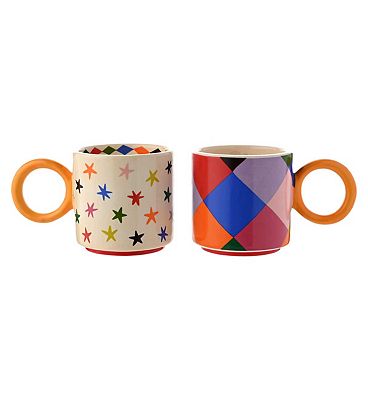 Raspberry Blossom Set of 2 Check and Star Patterned Mugs