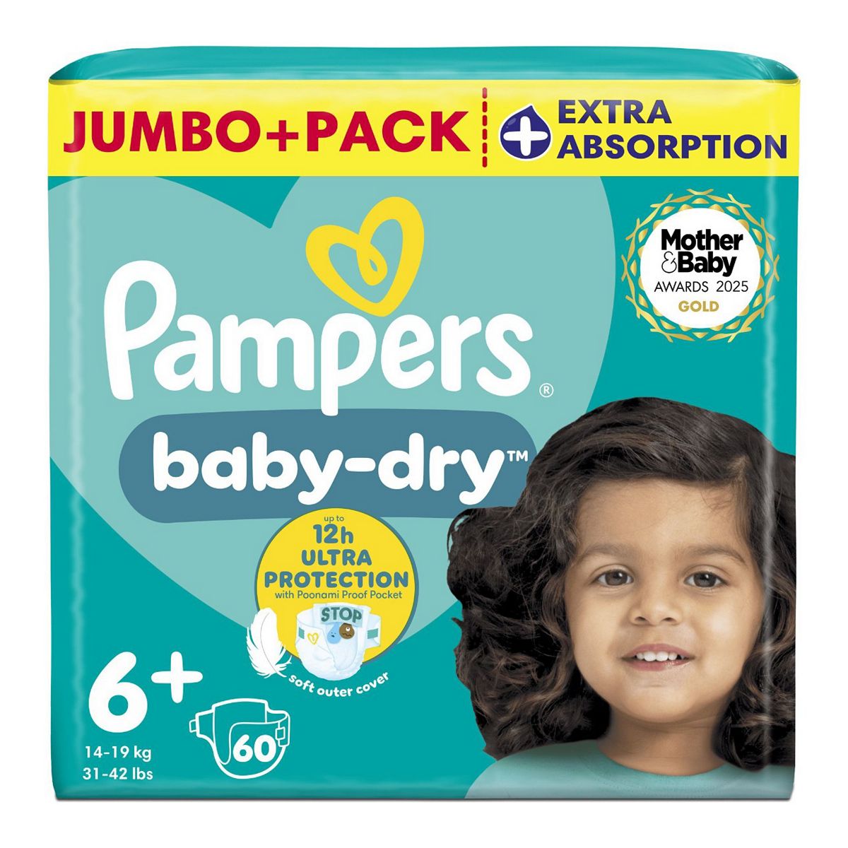 Pampers Baby-Dry Size 6+, 60 Nappies, 14Kg-19Kg, Jumbo+ Pack