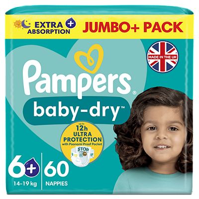 Pampers Baby-Dry Size 6+, 60 Nappies, 14kg-19kg, Jumbo+ Pack