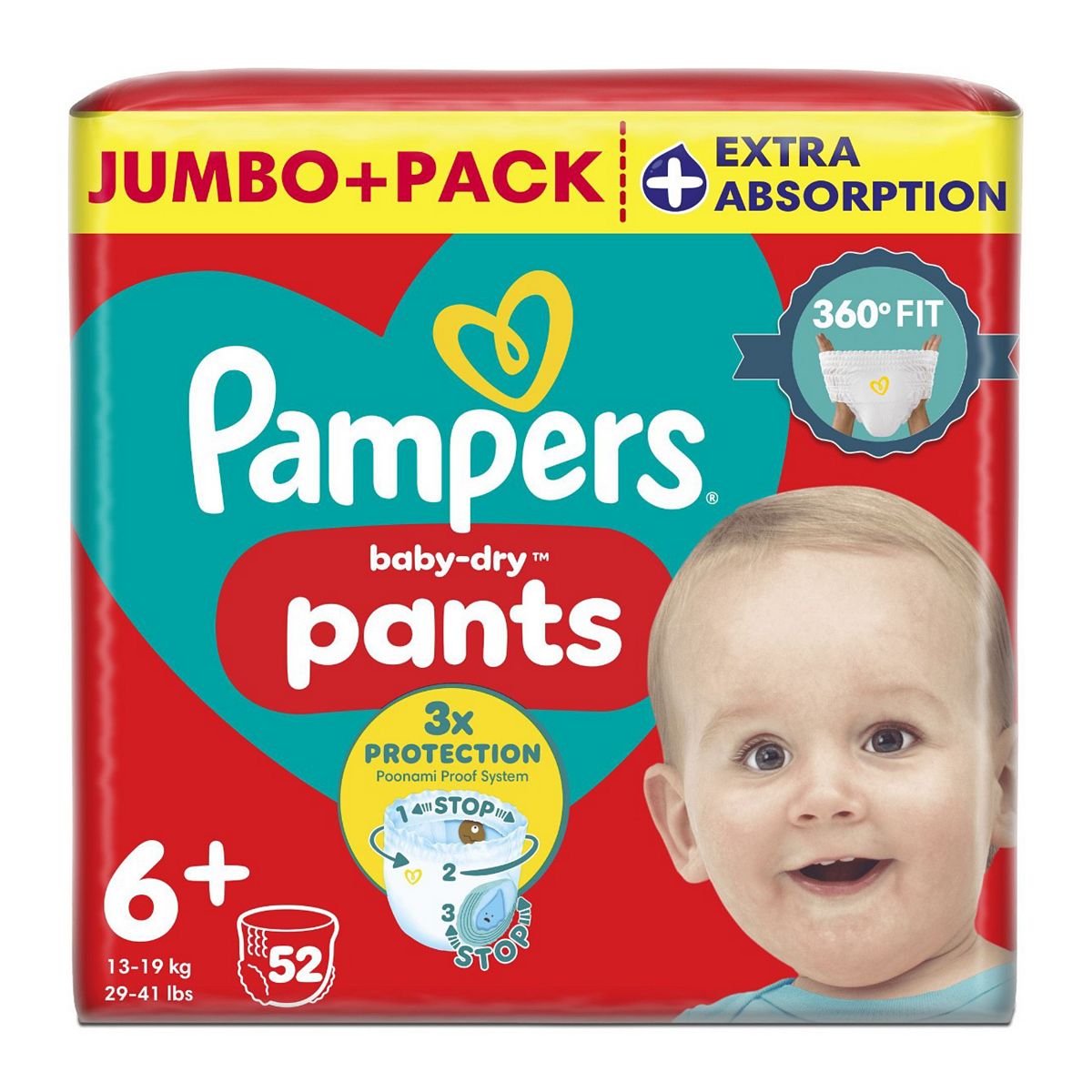 Pampers Baby-Dry Nappy Pants Size 6+, 52 Nappies, 14Kg-19Kg, Jumbo+ Pack