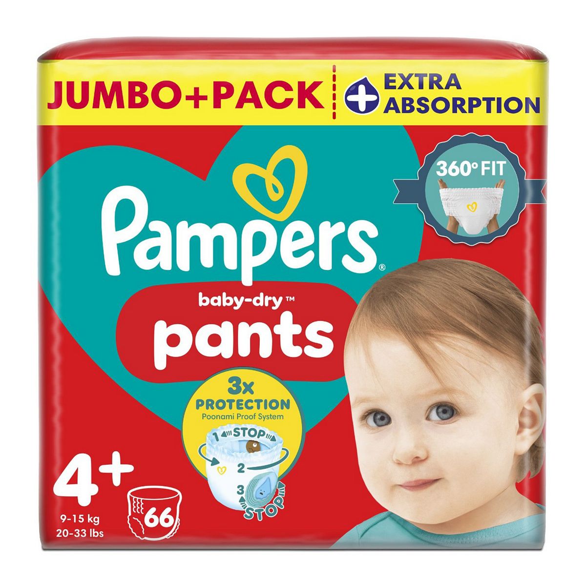Pampers Baby-Dry Nappy Pants Size 4+, 66 Nappies, 9Kg-15Kg, Jumbo+ Pack