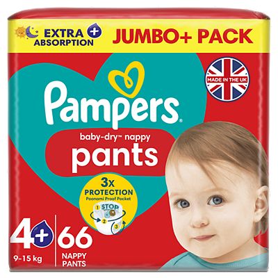 Pampers Baby-Dry Nappy Pants Size 4+, 66 Nappies, 9kg-15kg, Jumbo+ Pack