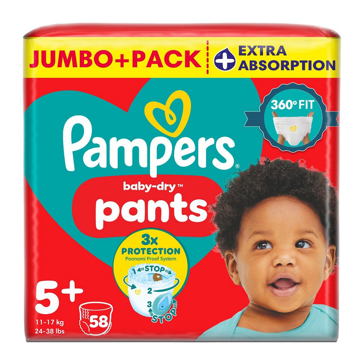Pampers Baby-Dry Nappy Pants Size 5+, 58 Nappies, 11Kg-17Kg, Jumbo+ Pack