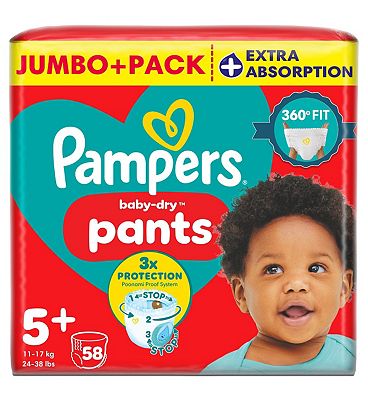 Pampers Baby-Dry Nappy Pants Size 5+, 58 Nappies, 12kg-17kg, Jumbo+ Pack