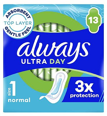 Always Ultra Day Sanitary Towels Normal (Size 1) 13 Pads, Super Absorbent And Ultra Thin, For Menstr