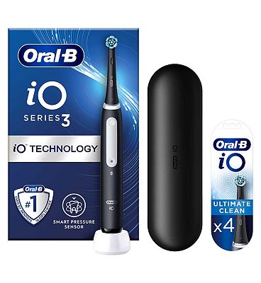 Oral-B iO3 Matt Black Electric Toothbrush + iO Ultimate Clean Black Toothbrush Heads 4 Pack Bundle