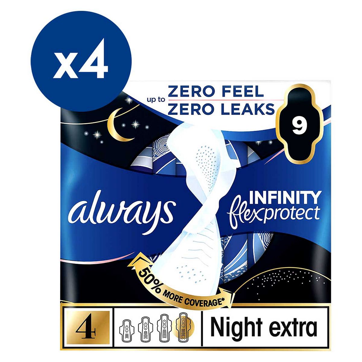 Always Infinity Flexprotect Sanitary Towels Size 4 Night Extra Wings X4 Bundle