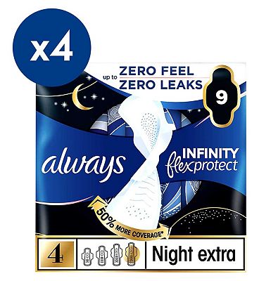 Always Infinity FlexProtect Sanitary Towels Size 4 Night Extra Wings x4 Bundle