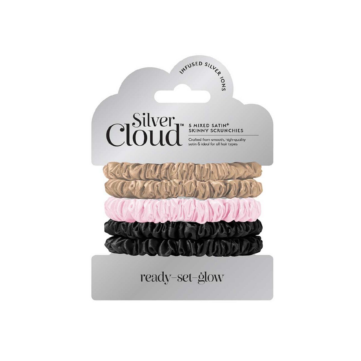 Silver Cloud Mixed Satin Skinny Scrunchies 5 Pack Multicolor