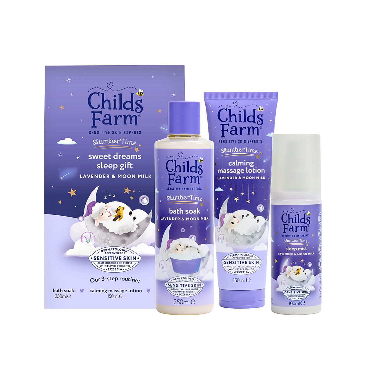 Childs Farm Slumbertime Sweet Dreams Gift Set, Lavender & Moon Milk Bath Soak250 ml, Massage Lotion 150ml, Sleep Mist 100ml, 250ml