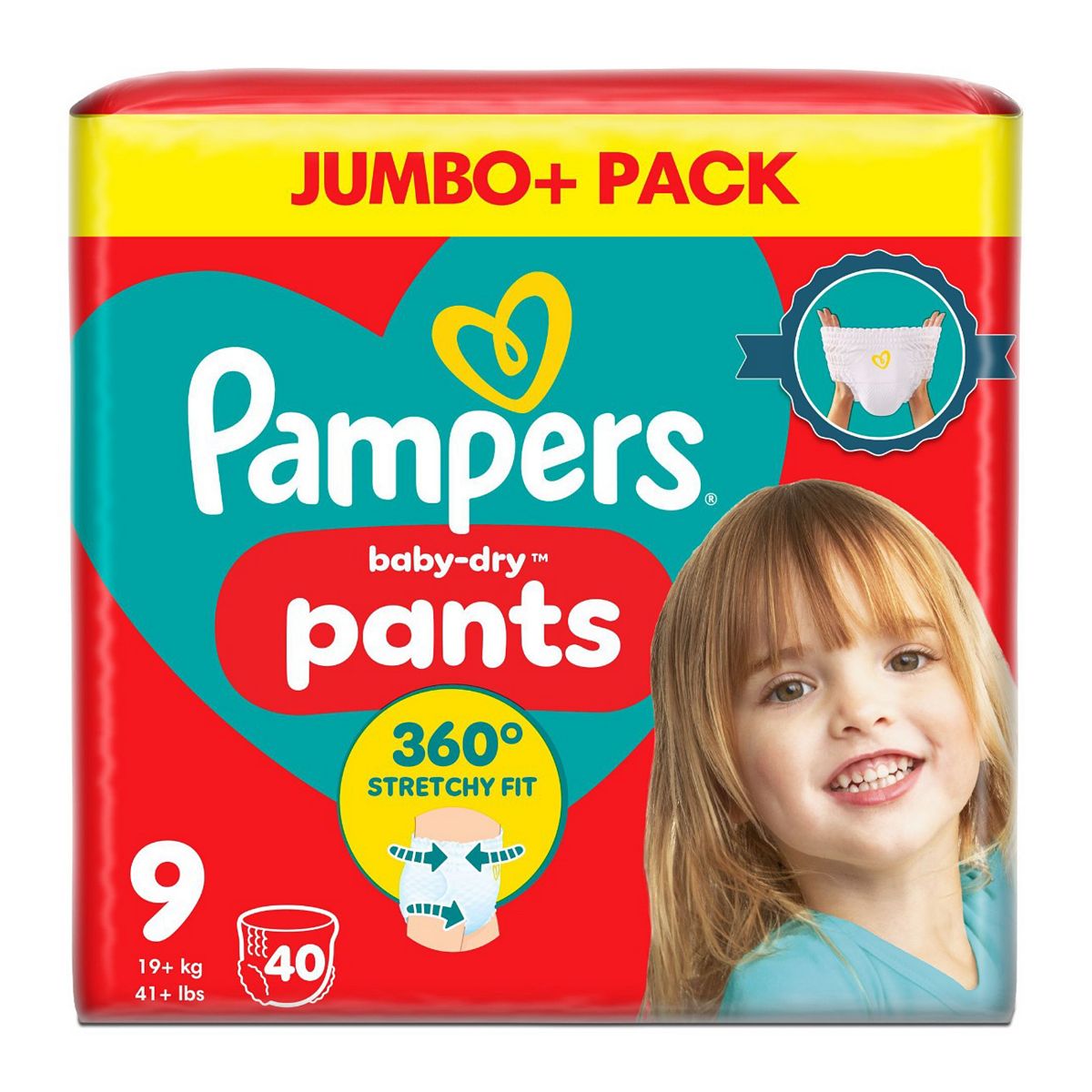 Pampers Baby-Dry Nappy Pants Size 9, 40 Nappies, 19Kg+, Jumbo+ Pack