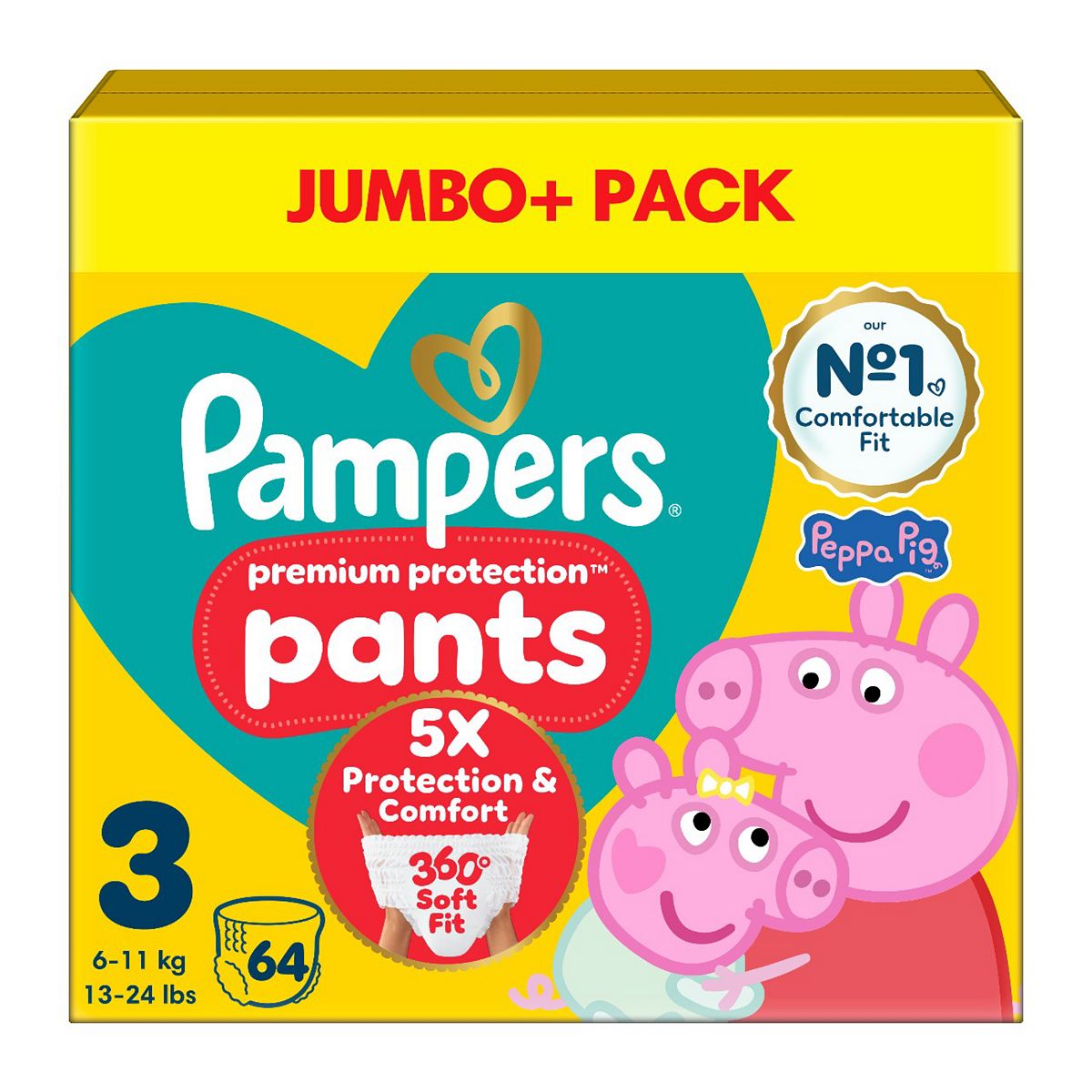 Pampers Premium Protection Nappy Pants Size 3 64 Nappies 6Kg-11Kg Jumbo Plus Pack