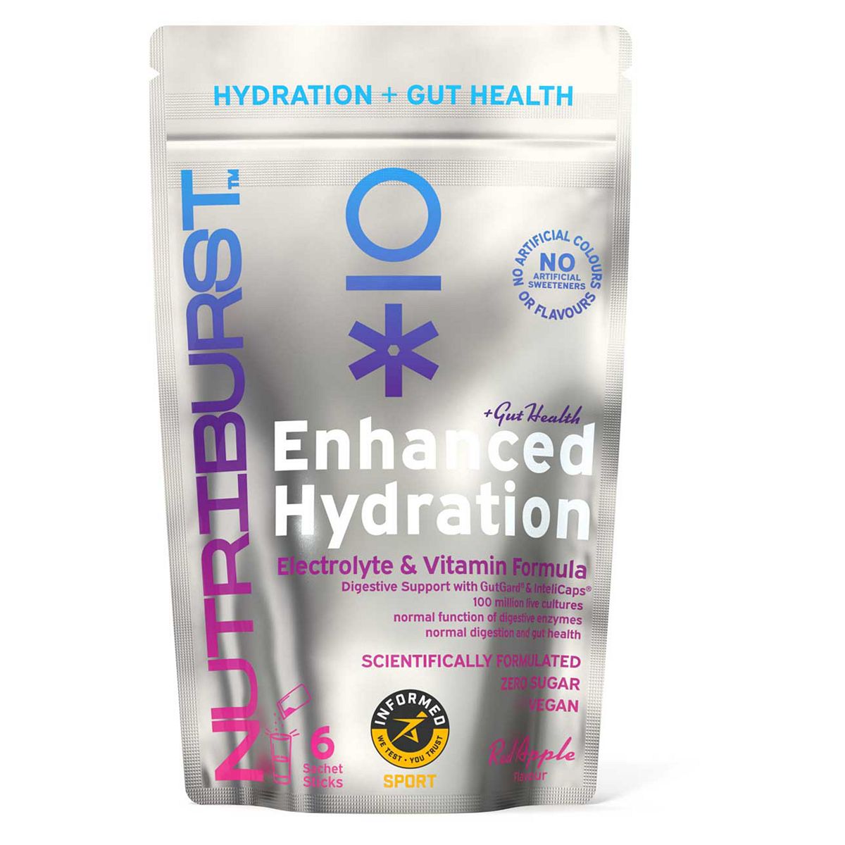 Nutriburst Gut Electrolyte & Vitamin Hydration Powder - Red Apple 4.5G, 6 Sachets