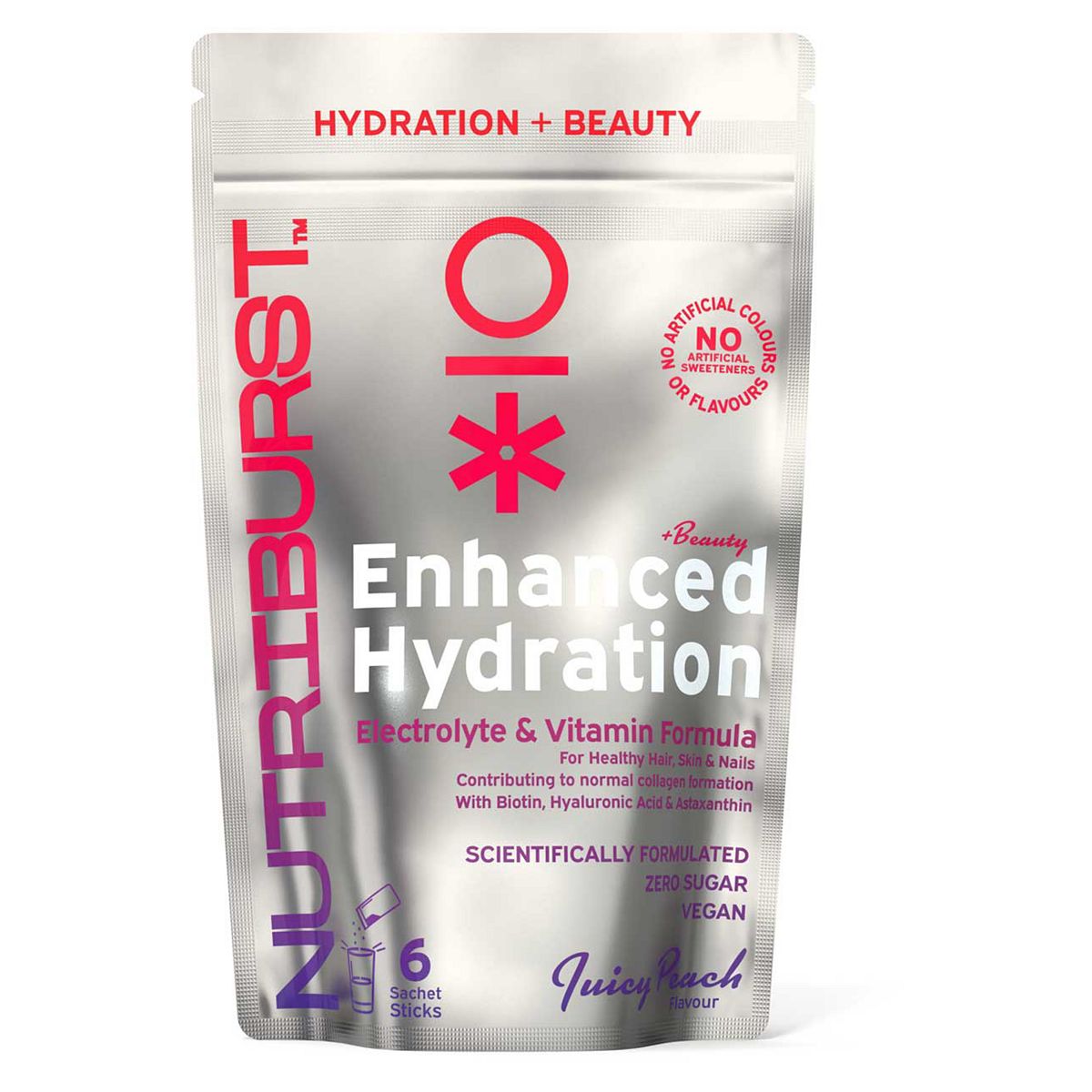 Nutriburst Beauty Electrolyte & Vitamin Hydration Powder - Juicy Peach 3G, 6 Sachets