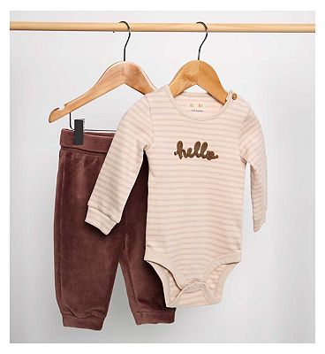 Maybe Baby Hello Embroidery with Velour Bottoms Set 6 - 9 Months