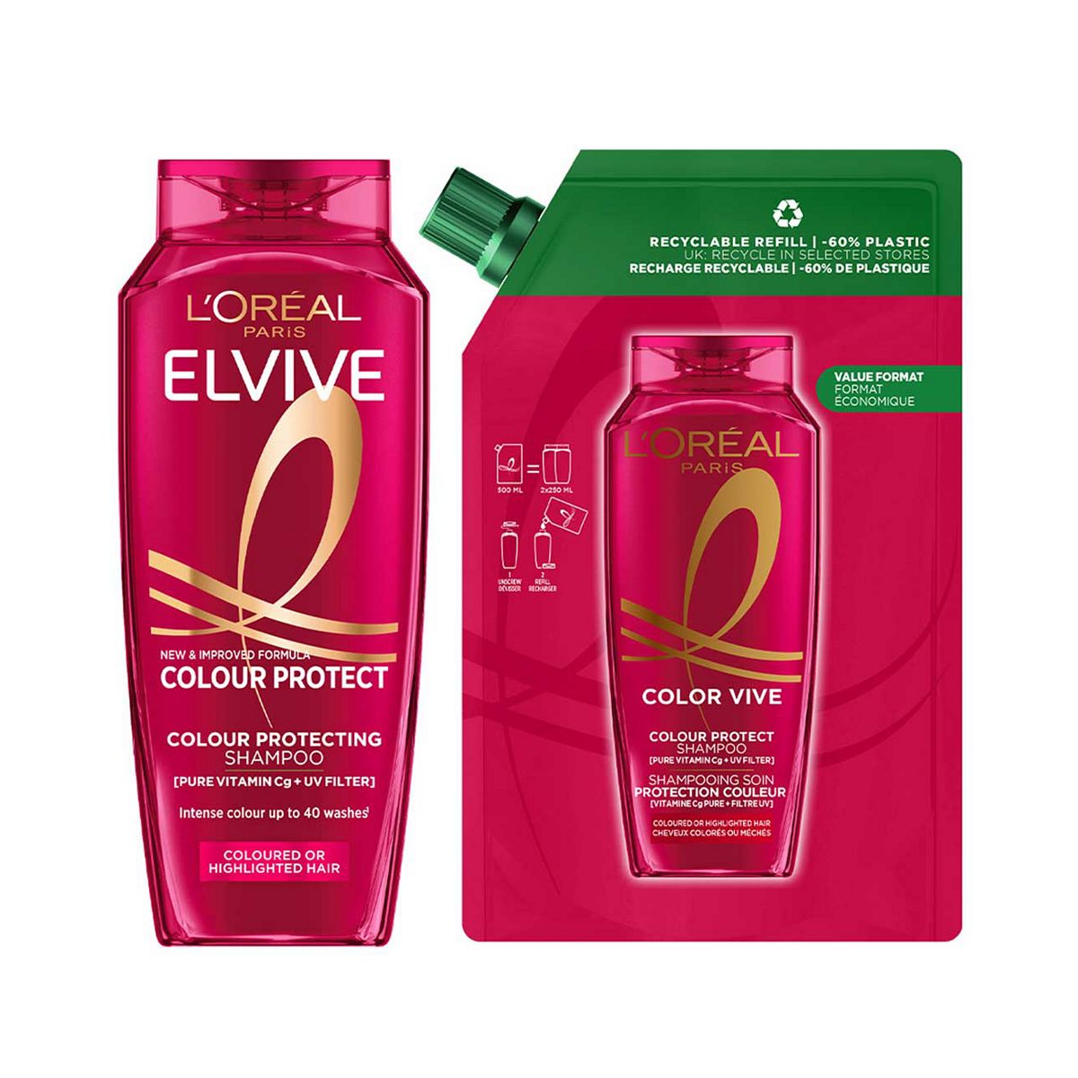 L'Oreal Paris Elvive Colour Protect Shampoo With Refill Pouch Bundle