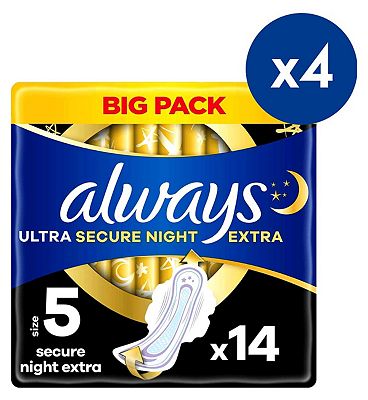 Always Ultra Sanitary Towels Secure Night Extra (Size 5) Wings x14 Pads x4 Bundle