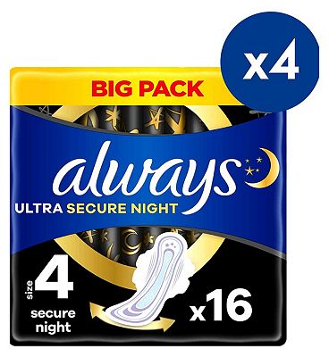 Always Ultra Sanitary Towels Secure Night (Size 4) Wings x16 Pads x4 Bundle
