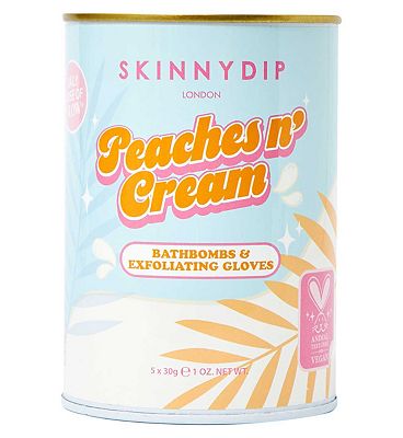 Skinnydip London Peach Bath Bombs and Exfoliating Glove Tin Set