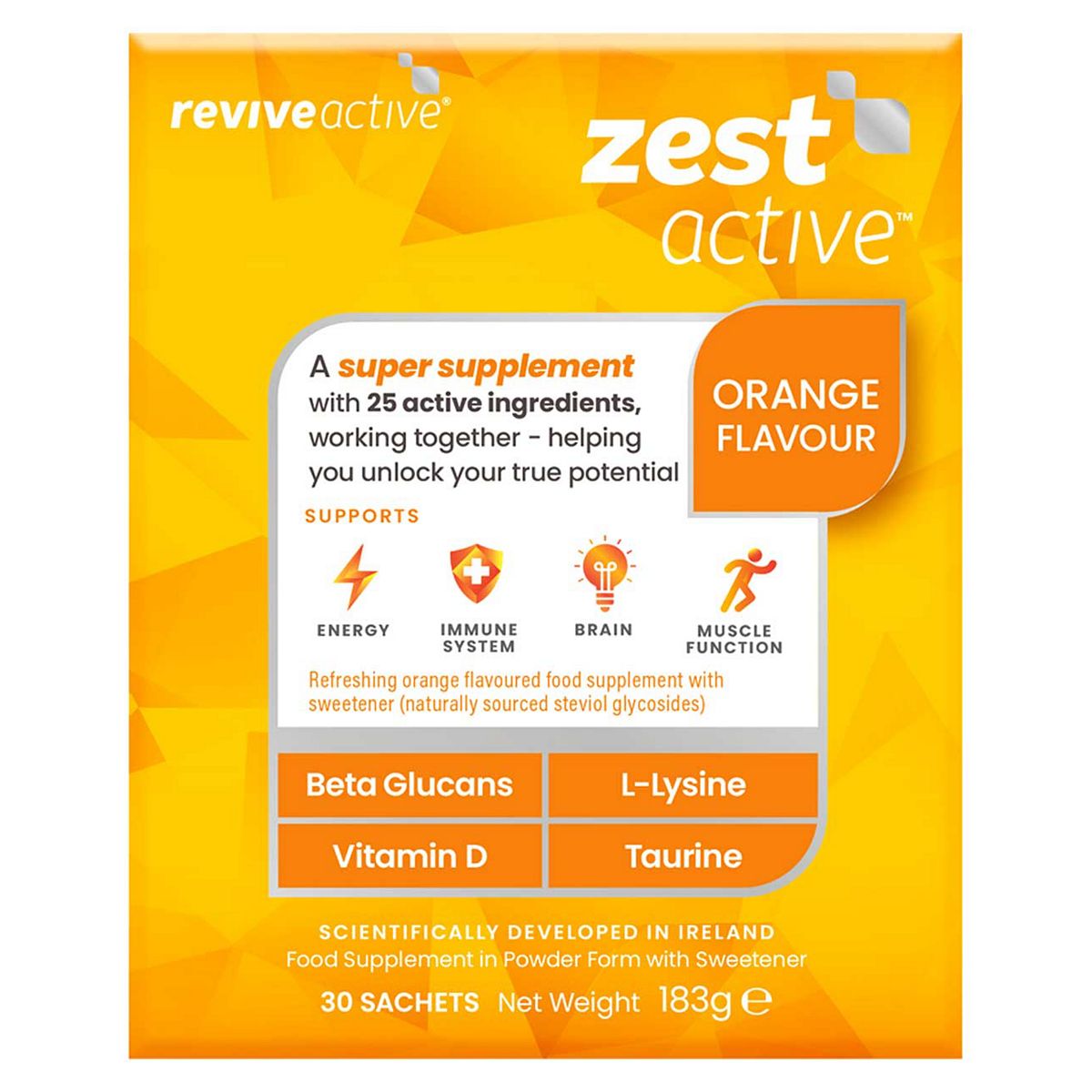 Revive Active Zest Active With Beta Glucans, L-Lysine, Multivitamins & Taurine - 1 Month Supply, 30 Sachets