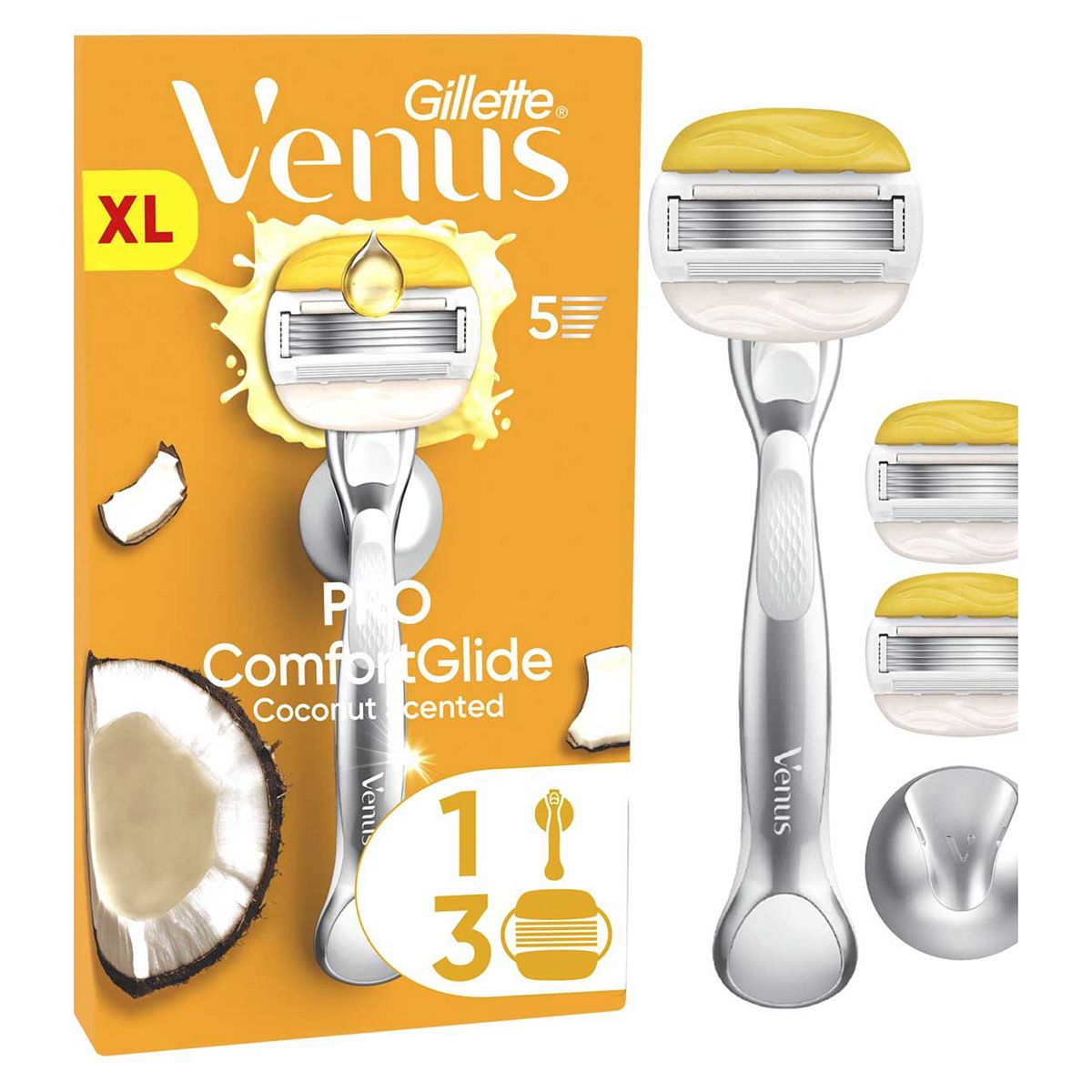 Gillette Venus Starter Kit, Pro Comfortglide Olay Coconut Scented 5 Blade Women's Razor + 3 Blades Refills Shower Hook
