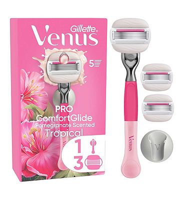 Gillette Venus Razor, PRO ComfortGlide Pomegranate Scented Tropical 5 Blade Women's Razor + 3 Razor 