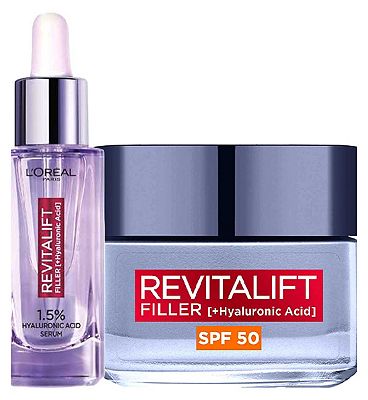 Click to view product details and reviews for Loreal Paris Revitalift Filler Hyaluronic Serum And Cream Routine.