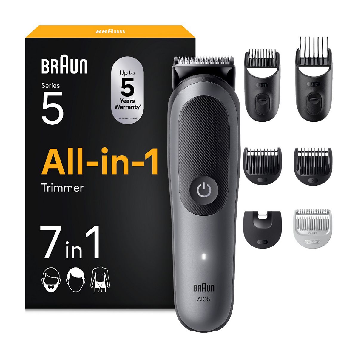 Braun All-In-One Kit Series 5, 7In1 Grooming, Sharp Blade, Body Trimmer, Aio5520, Grey