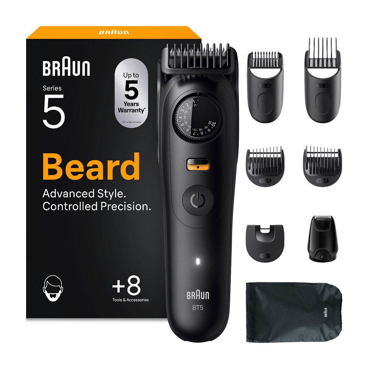 Braun Beard Trimmer Series 5, +8 Styling Tools, 40 Lengths, Sharp Blade, Bt5560, Black