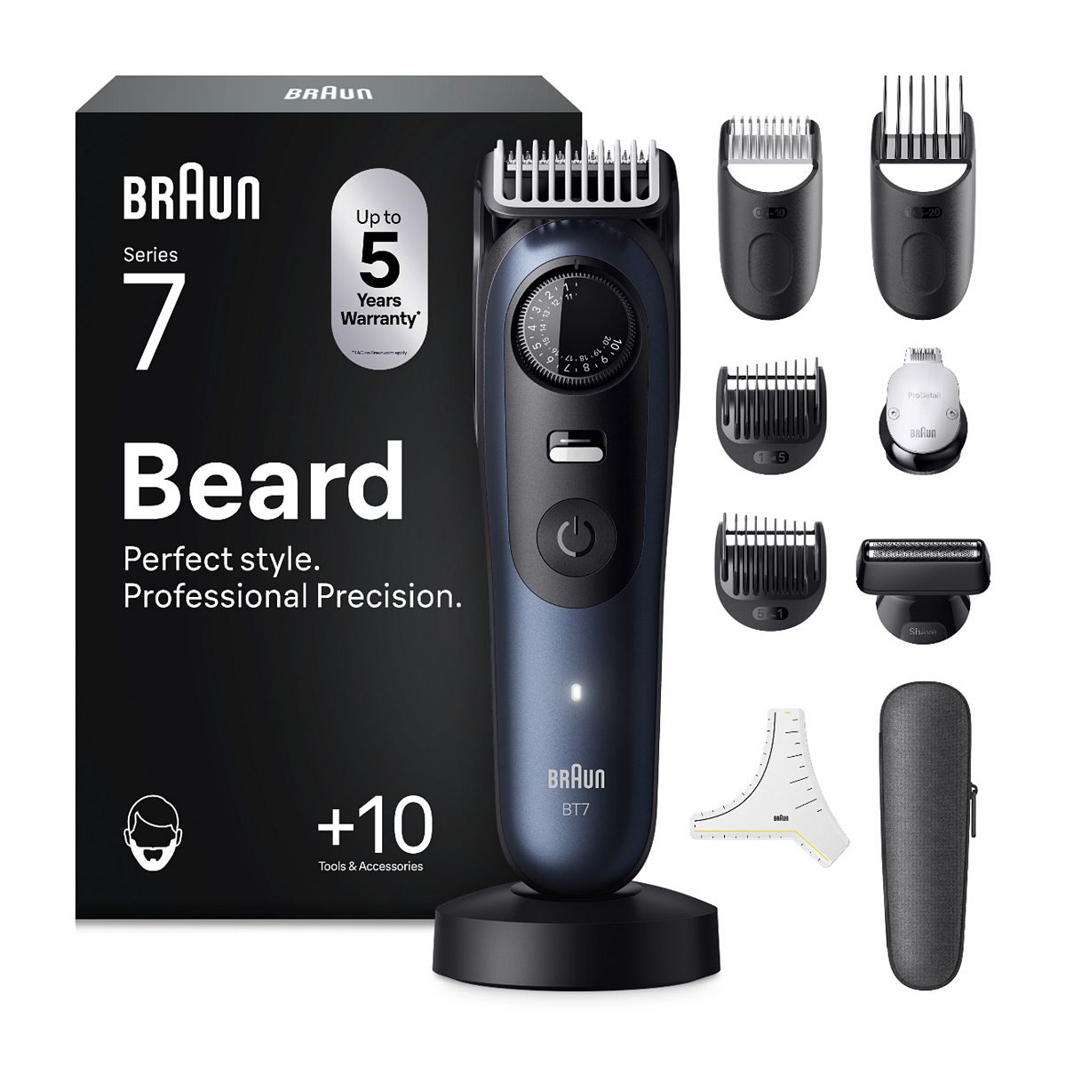 Braun Beard Trimmer Series 7, +10 Barbering Tools, 40 Lengths, Problade, Bt7540, Blue