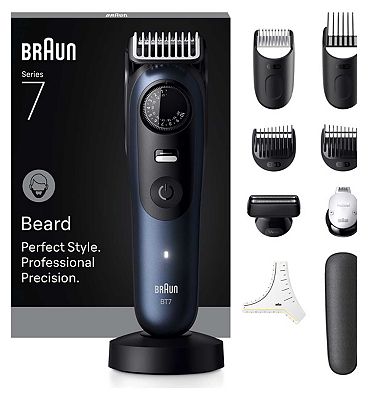 Braun Beard Trimmer Series 7, +10 Barbering Tools, 40 Lengths, ProBlade, BT7540, Blue