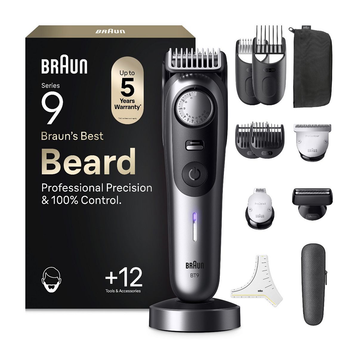 Braun Beard Trimmer Series 9, +12 Barbering Tools, 52 Lengths, Problade, Bt9560, Chrome