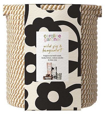 Caroline Gardner Wild Fig & Bergamot Woven Basket with Bath Soak, Body Lotion, Votive Candle & Claw 