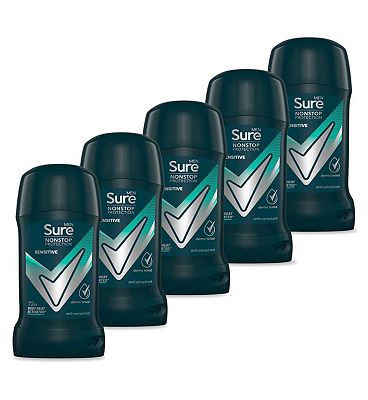 Sure Men Sensitive Nonstop Protection Antiperspirant Deodorant Stick 5 x 50ml Bundle