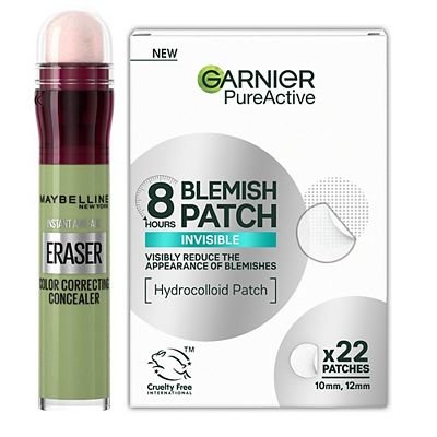 Maybelline Instant Eraser Green & Garnier Pure Active Blemish Patches 22s Duo Bundle