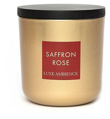 Click to view product details and reviews for Luxe Ambience 3 Wick Glass Candle With Wood Lid Saffron Rose 396g.