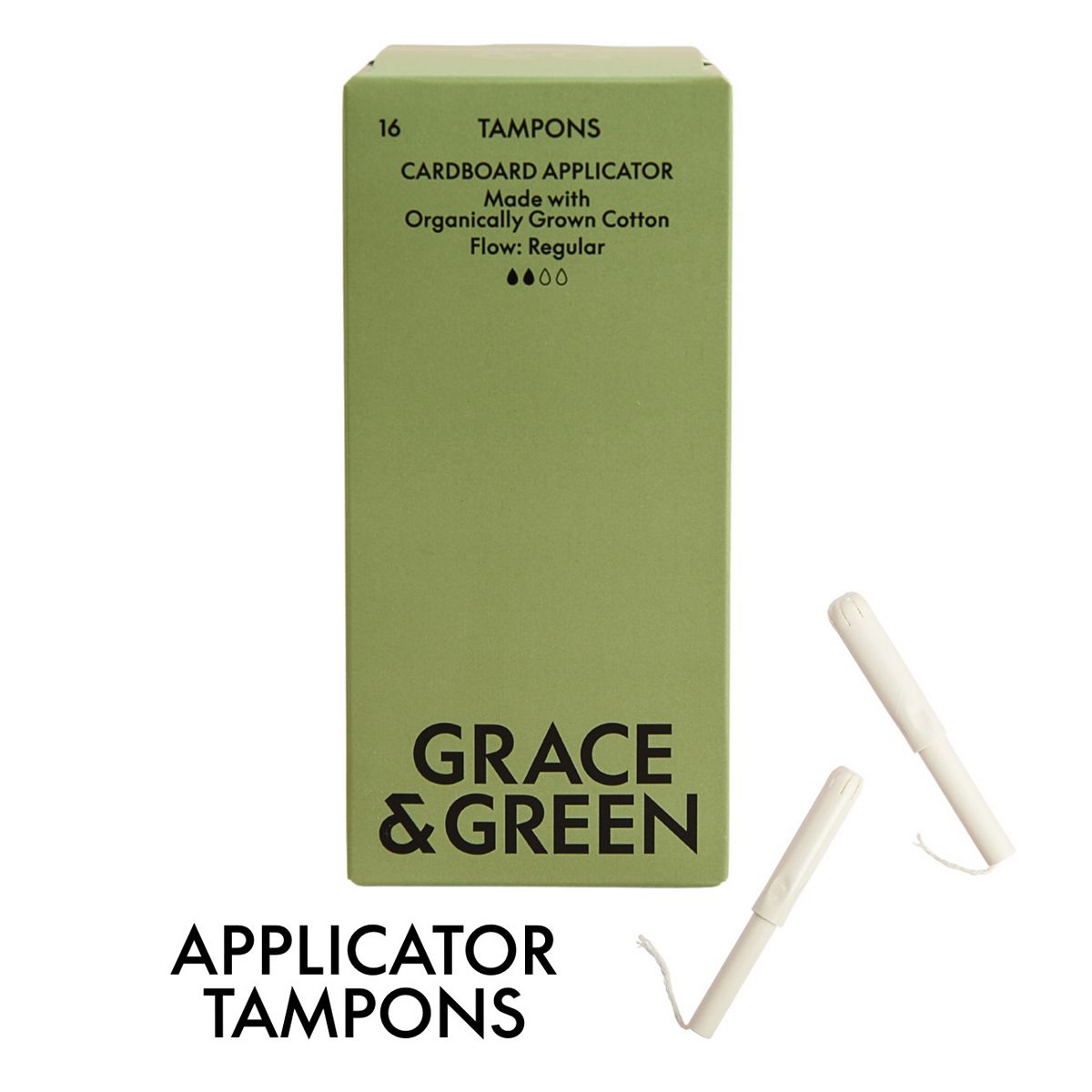 Grace & Green Organic Cotton Applicator Tampons With Biodegradable Cardboard - Regular Flow Pack 16