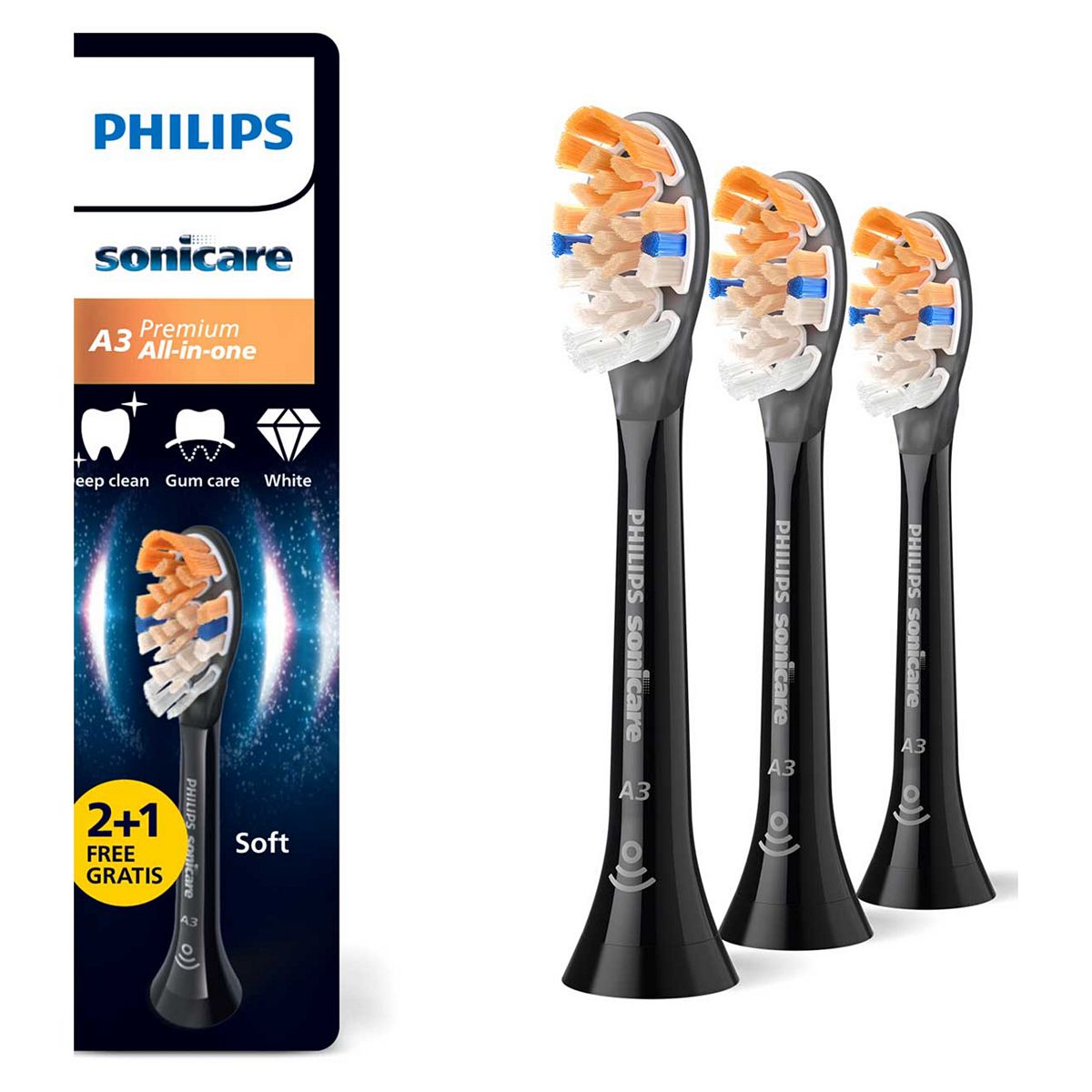 Philips Sonicare A3 Replacement Electric Toothbrush Heads 2 + 1 Free (3 Brushheads) Black Hx9093/88 Br/>