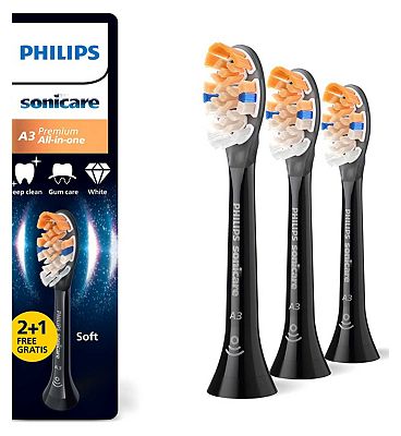 Philips Sonicare A3 Replacement Electric Toothbrush Heads 2 + 1 Free (3 Brushheads) Black HX9093/88